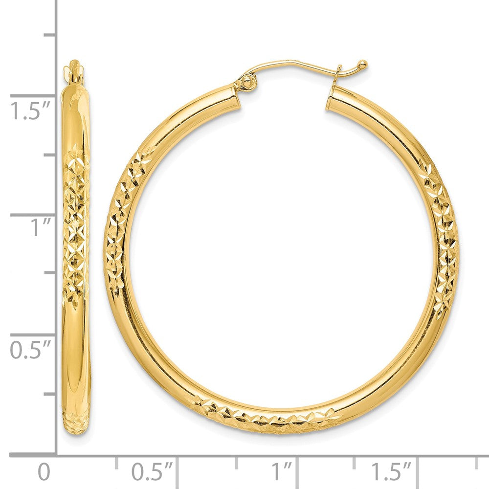 10K Diamond Cut 3x40mm Hollow Tube Hoop Earrings