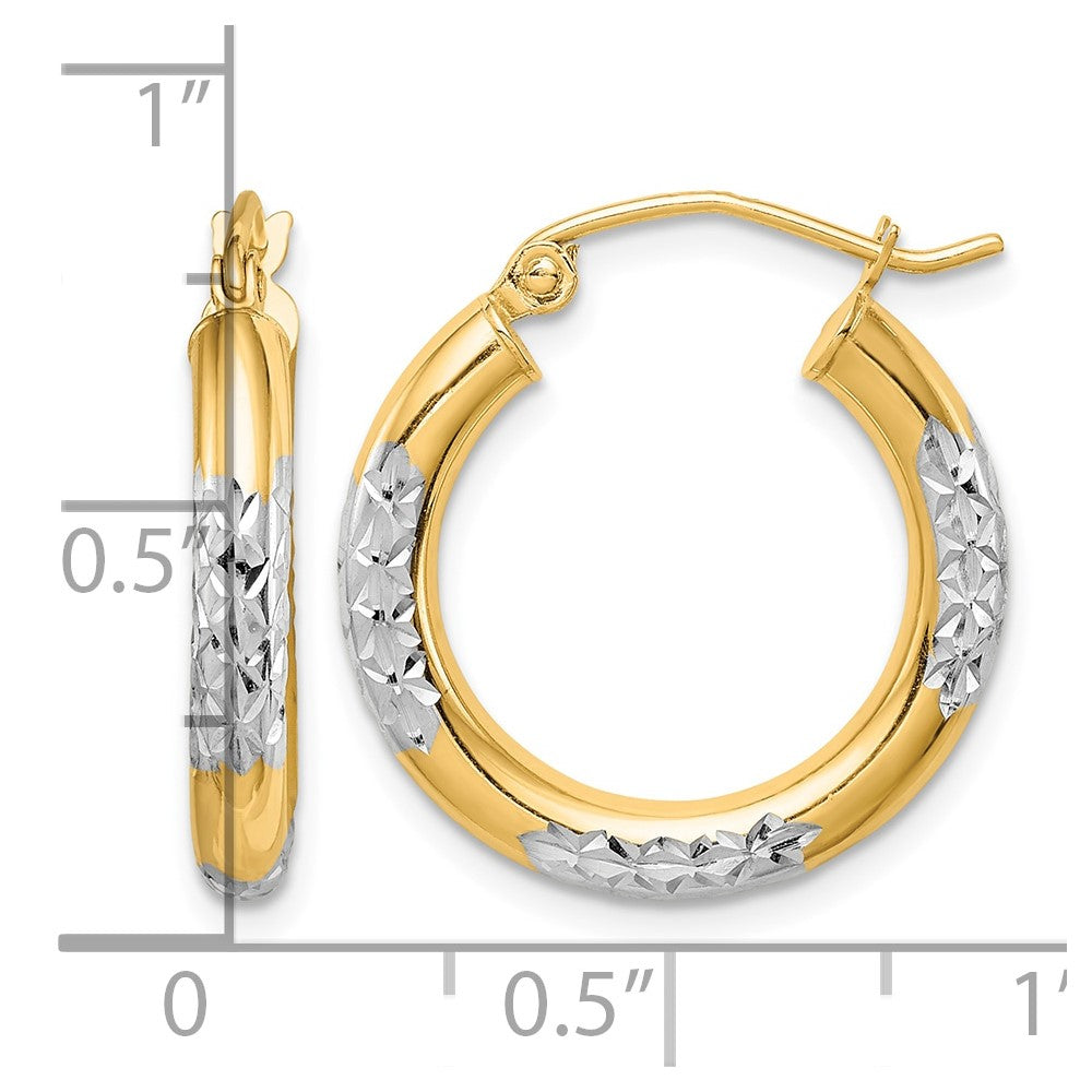 10K & Rhodium Diamond Cut 3mm Hoop Earrings