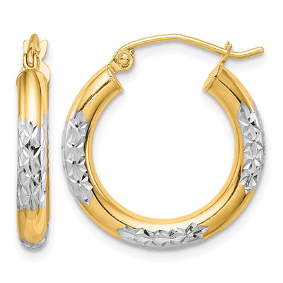 10K & Rhodium Diamond Cut 3mm Hoop Earrings