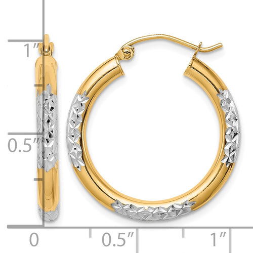 10K & Rhodium Diamond Cut 3mm Hoop Earrings