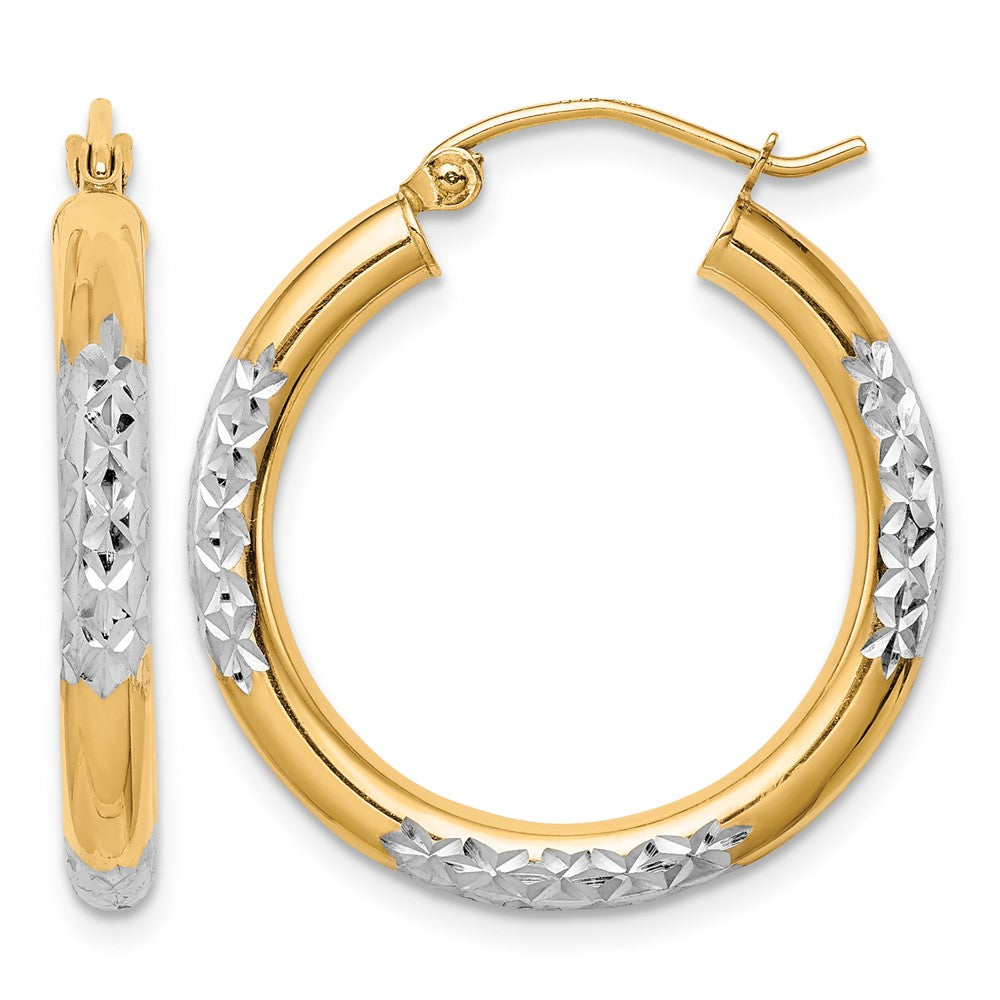 10K & Rhodium Diamond Cut 3mm Hoop Earrings