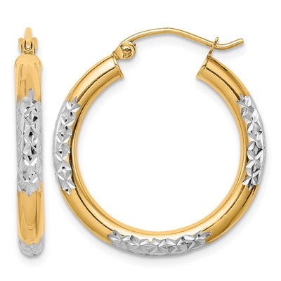 10K & Rhodium Diamond Cut 3mm Hoop Earrings