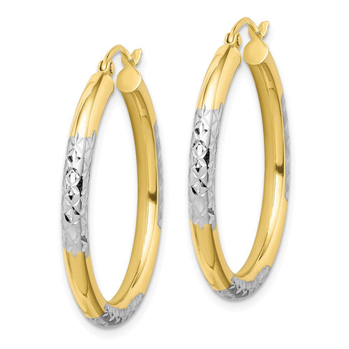 10K & Rhodium Diamond Cut 3mm Hoop Earrings