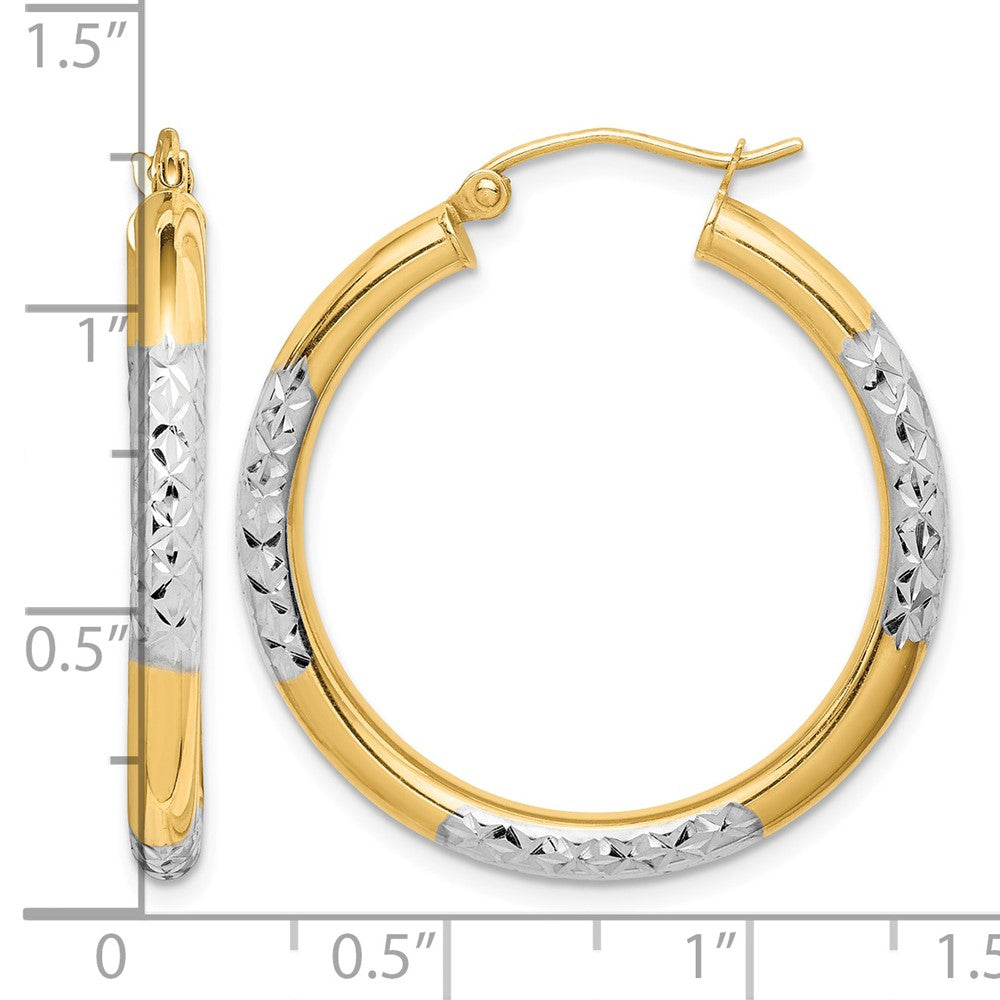 10K & Rhodium Diamond Cut 3mm Hoop Earrings