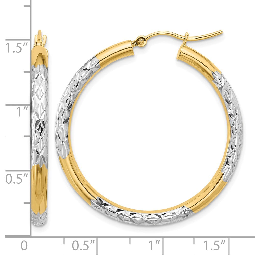 10K & Rhodium Diamond Cut 3mm Hoop Earrings
