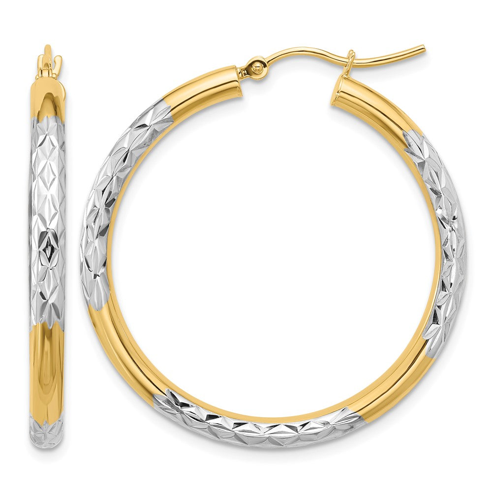 10K & Rhodium Diamond Cut 3mm Hoop Earrings