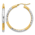 10K & Rhodium Diamond Cut 3mm Hoop Earrings