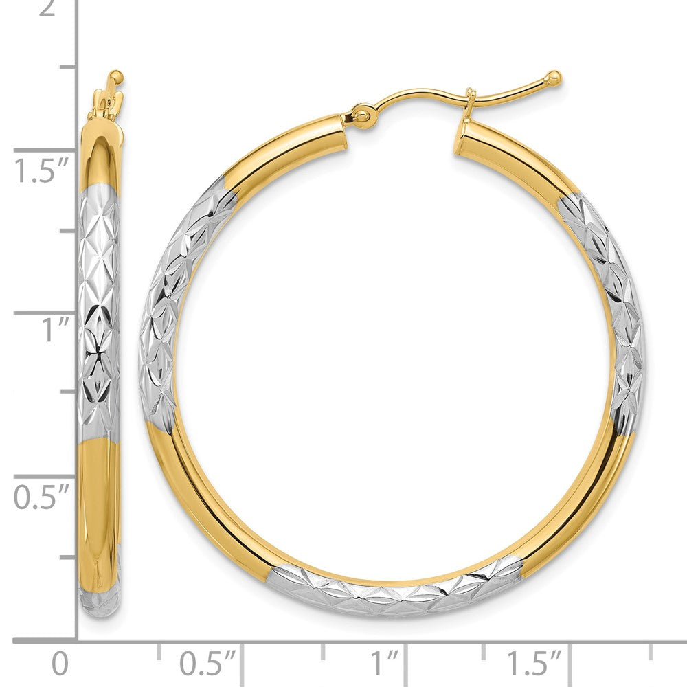 10K & Rhodium Diamond Cut 3mm Hoop Earrings