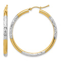 10K & Rhodium Diamond Cut 3mm Hoop Earrings