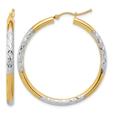 10K & Rhodium Diamond Cut 3mm Hoop Earrings