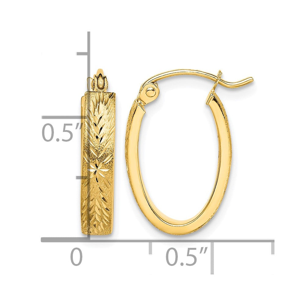 10K Brushed Diamond Cut Oval Hoop Earrings