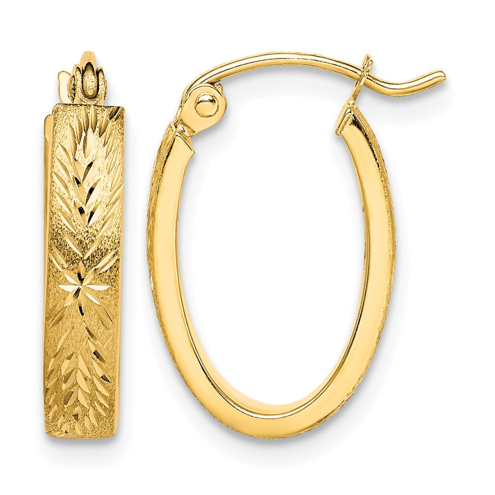 10K Brushed Diamond Cut Oval Hoop Earrings