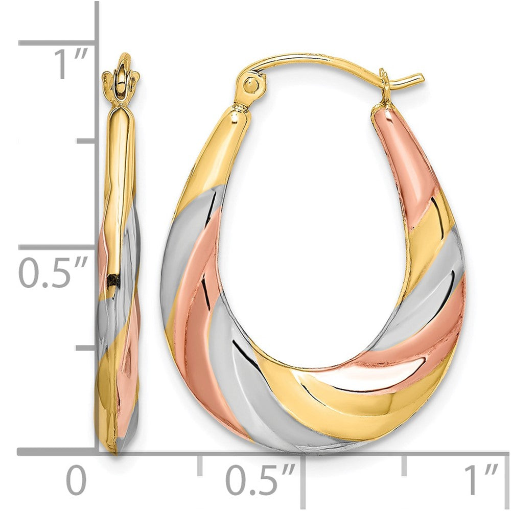 10K and Rhodium Oval Scalloped Hollow Hoop Earrings