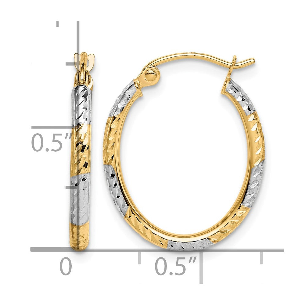 10K & Rhodium Diamond Cut Patterned Oval Hoop Earrings