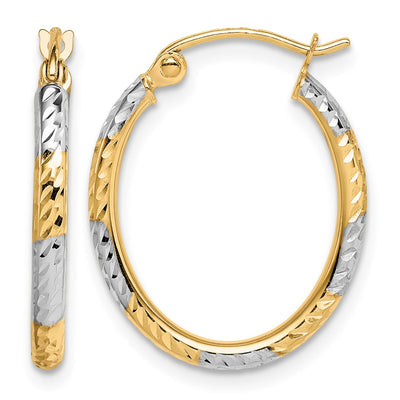 10K & Rhodium Diamond Cut Patterned Oval Hoop Earrings