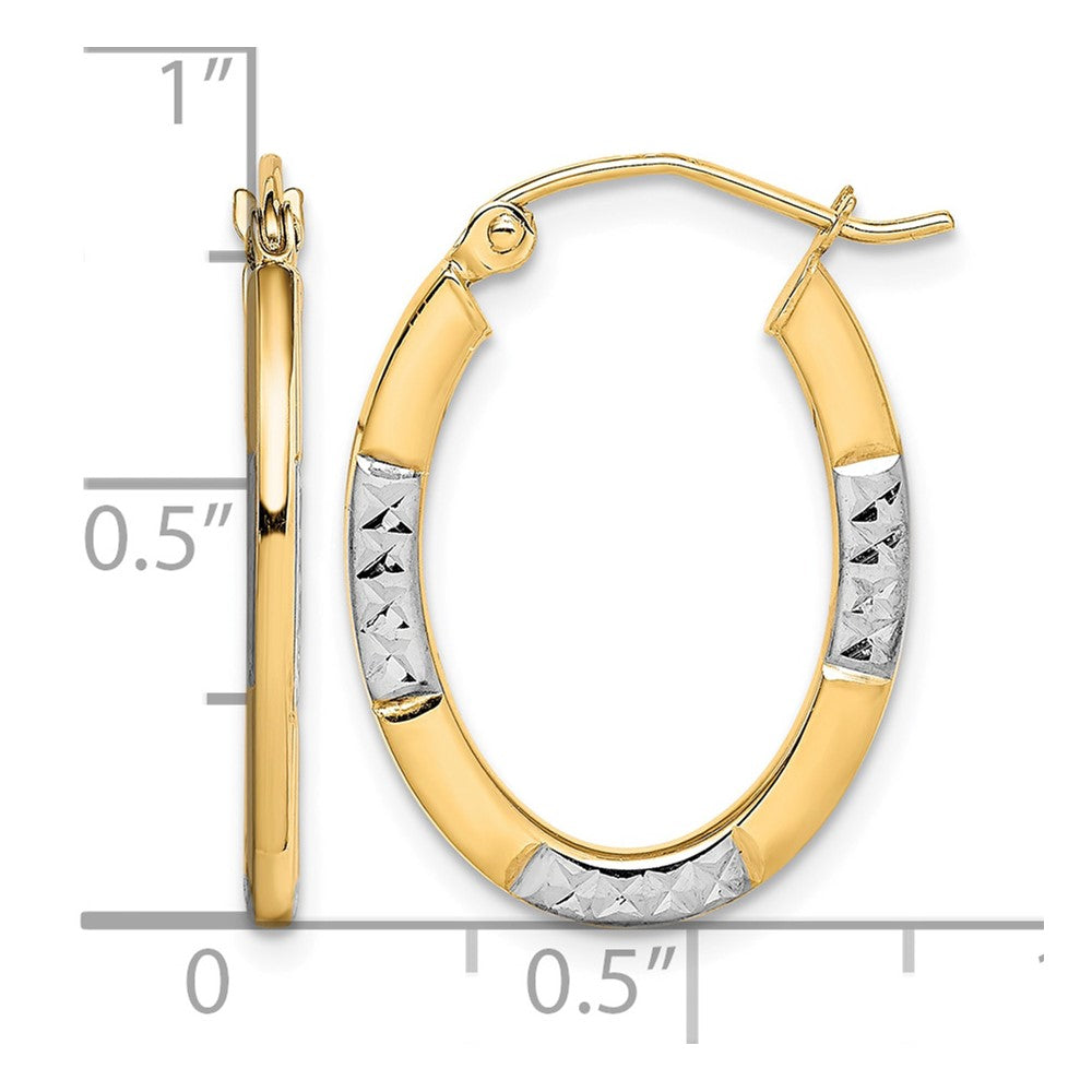 10K and Rhodium Diamond Cut Oval Hoop Earrings