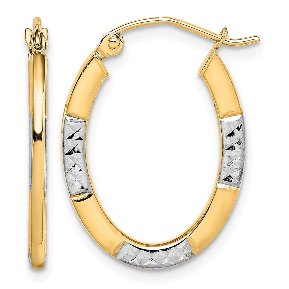 10K and Rhodium Diamond Cut Oval Hoop Earrings