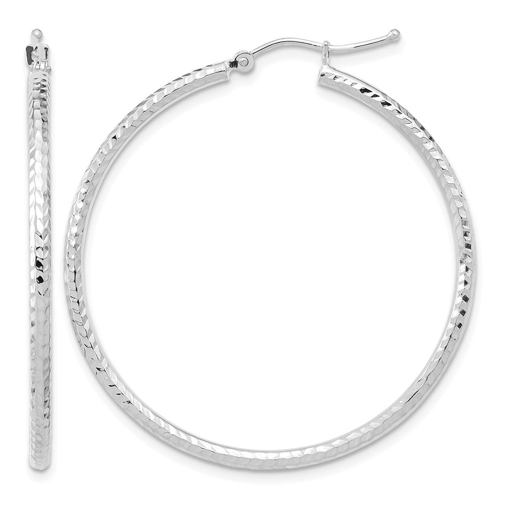 10k White Gold Diamond-cut 2mm Round Tube Hoop Earrings