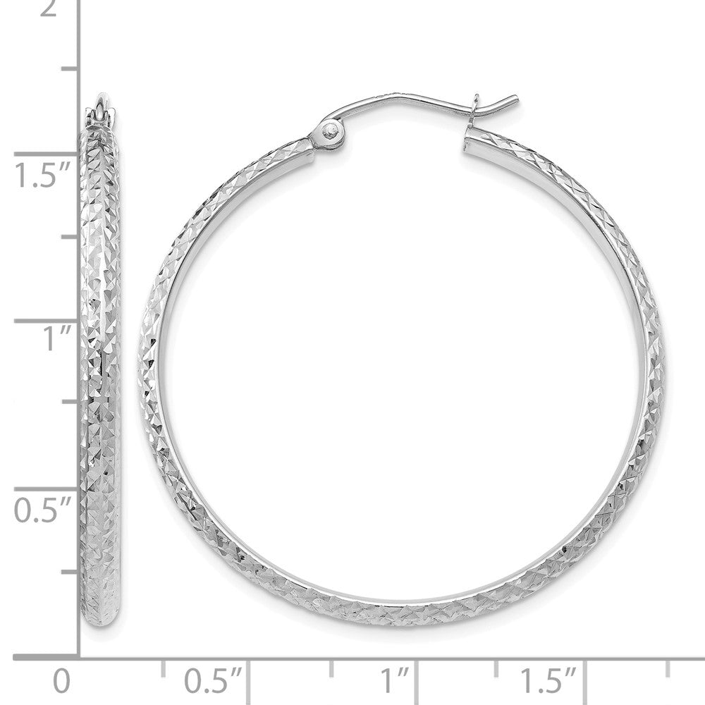 10k White Gold Diamond-cut 2.8x37mm Hollow Hoop Earrings