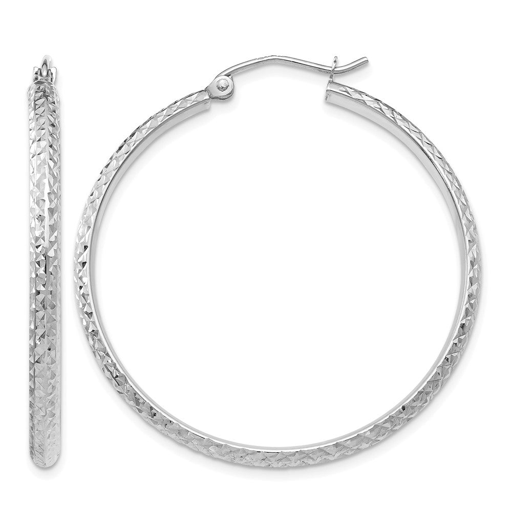 10k White Gold Diamond-cut 2.8x37mm Hollow Hoop Earrings