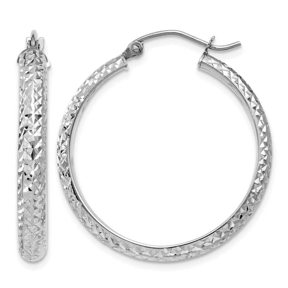 10K White Gold Diamond-cut 3.5x28mm Hollow Hoop Earrings
