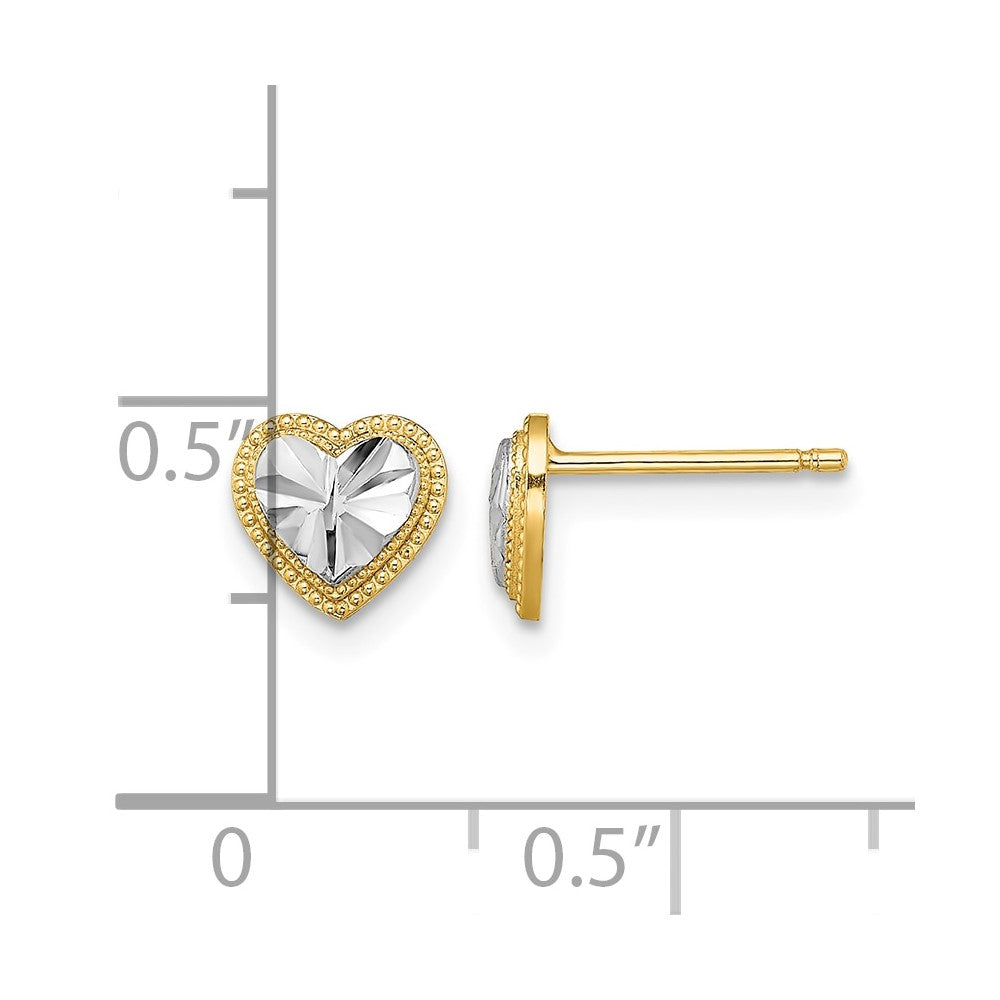 10k w/ Rhodium D/C Heart Post Earrings