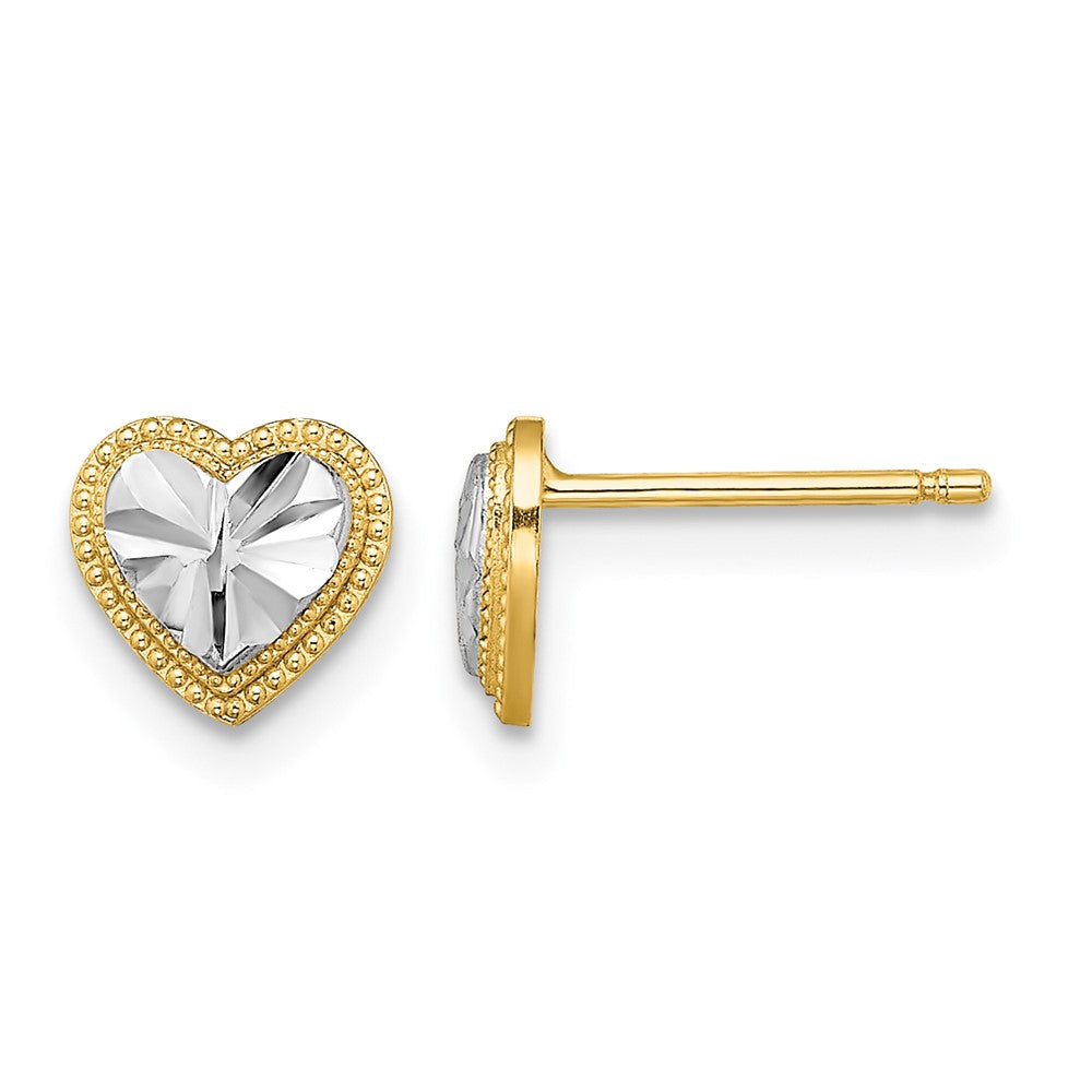 10k w/ Rhodium D/C Heart Post Earrings