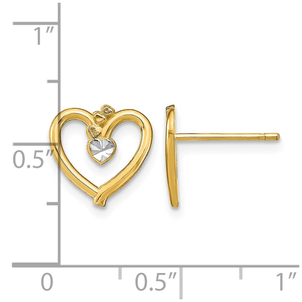 10k w/ Rhodium D/C Heart Post Earrings