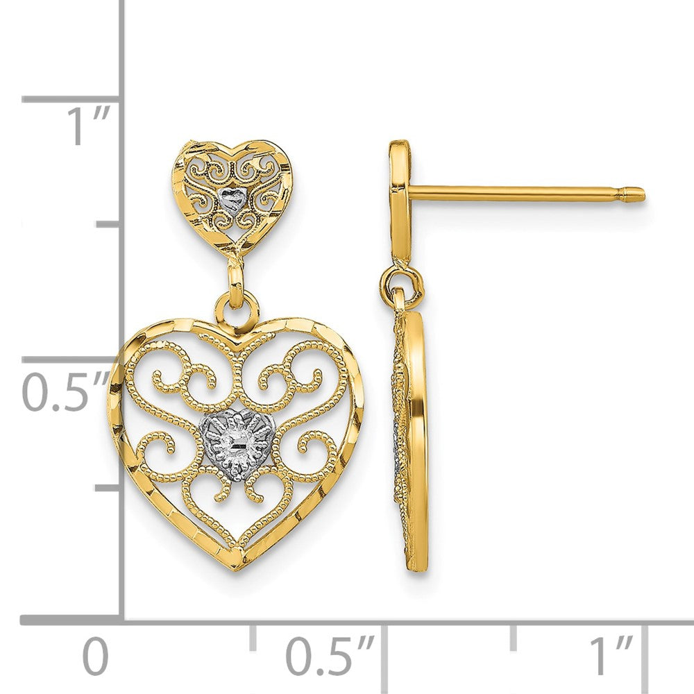 10k w/ RH Heart Beaded Filigree Dangle Earrings