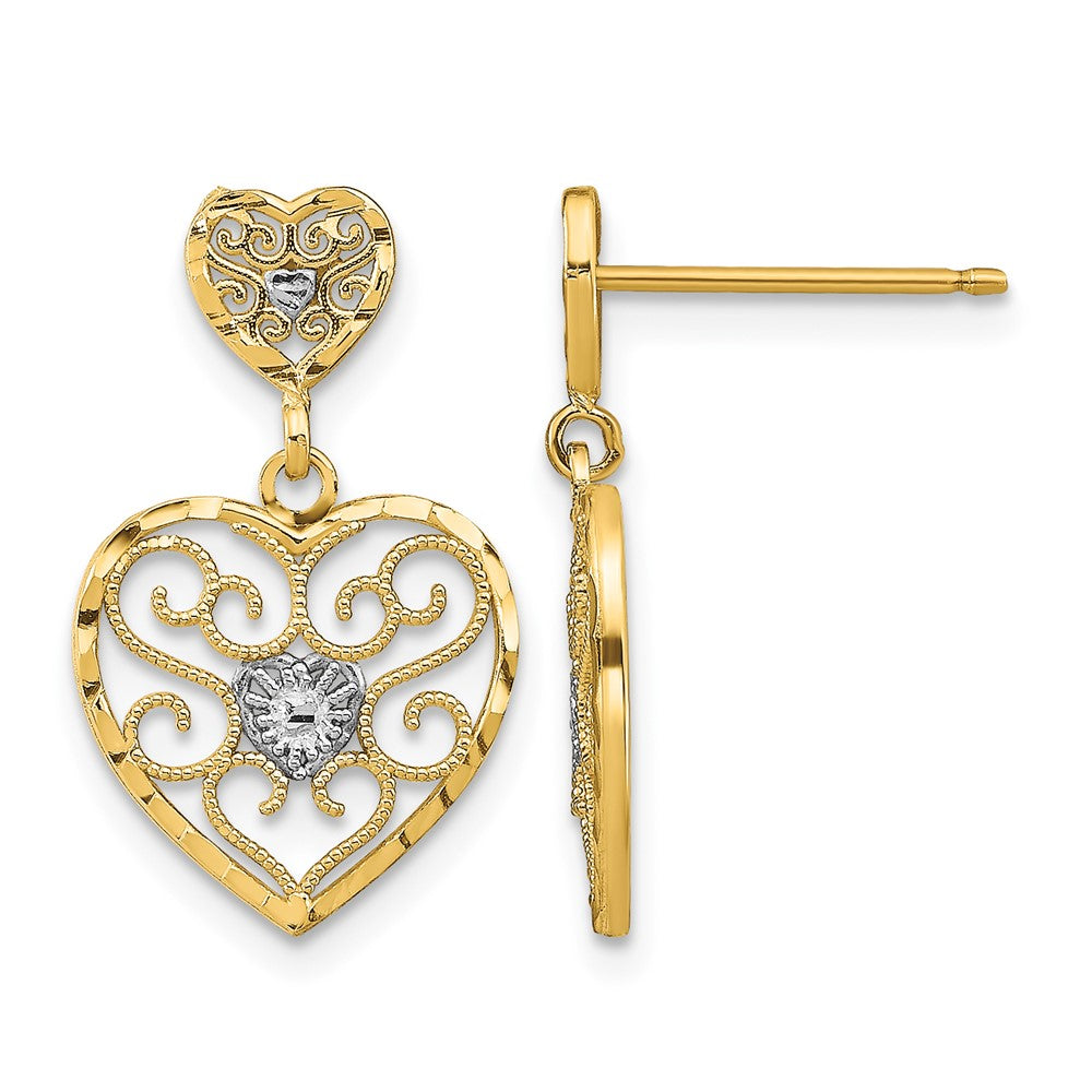 10k w/ RH Heart Beaded Filigree Dangle Earrings