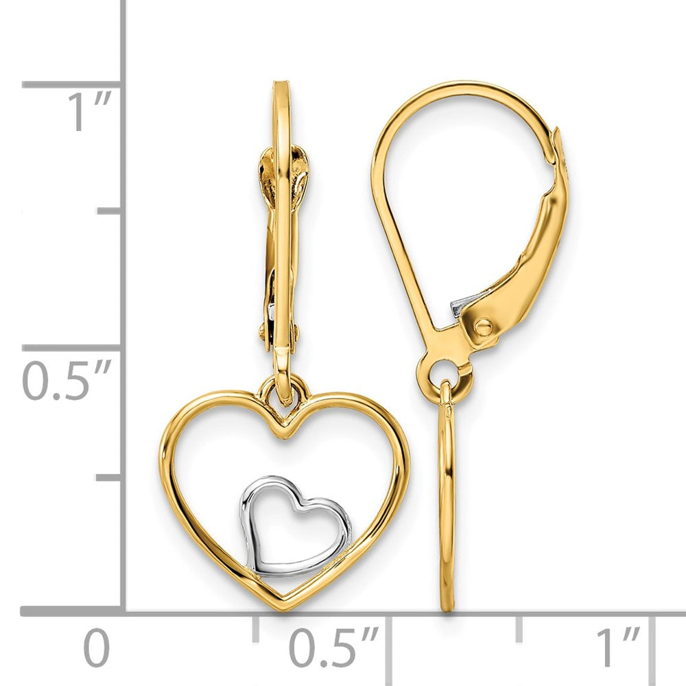 10k w/Rhodium Heart in Heart Leverback Dangle Earrings