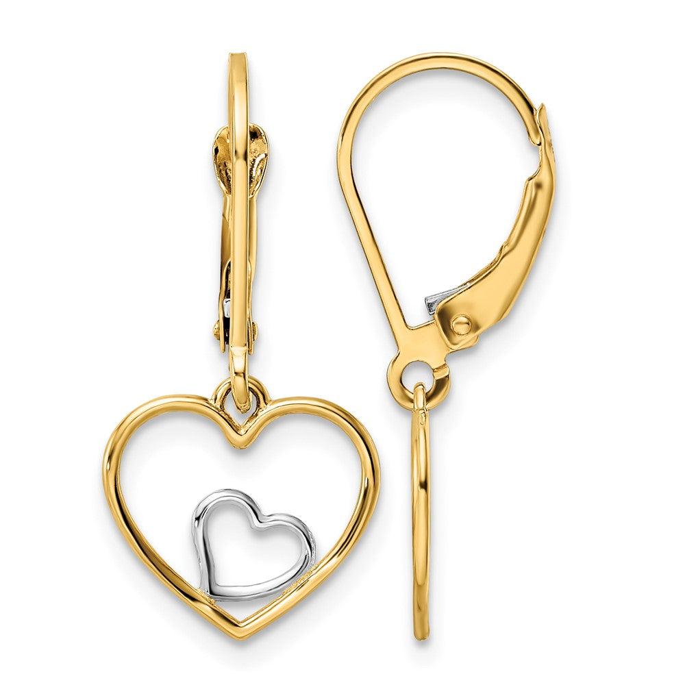 10k w/Rhodium Heart in Heart Leverback Dangle Earrings