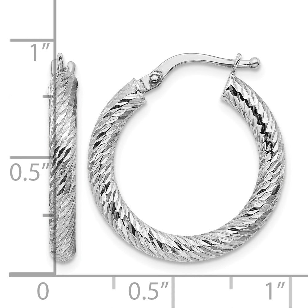 10k 3x15 White Gold Diamond-cut Round Hoop Earrings