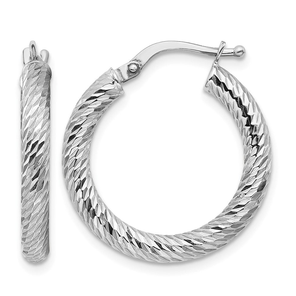 10k 3x15 White Gold Diamond-cut Round Hoop Earrings