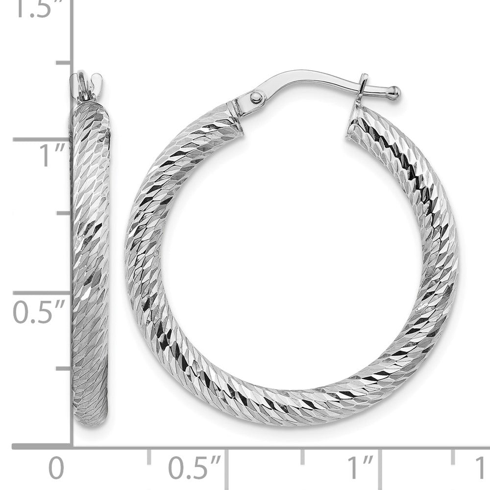 10k 3x20 White Gold Diamond-cut Round Hoop Earrings