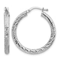 10k 3x20 White Gold Diamond-cut Round Hoop Earrings