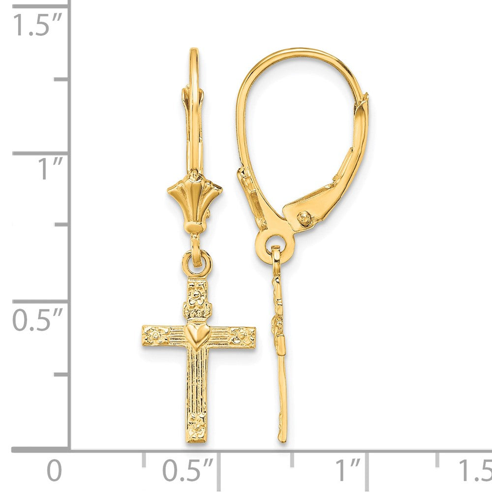 10K Textured Heart In Cross Leverback Earrings