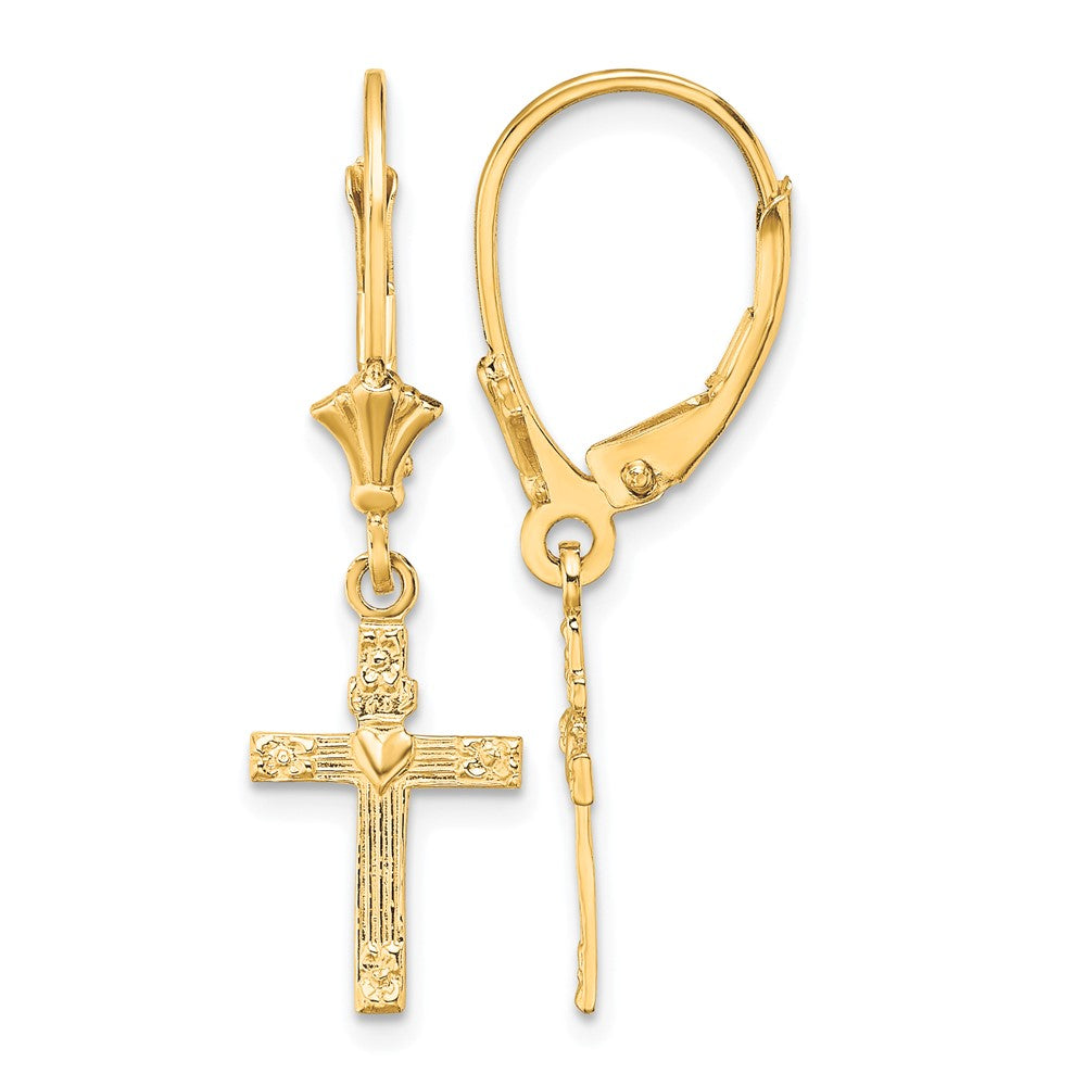 10K Textured Heart In Cross Leverback Earrings
