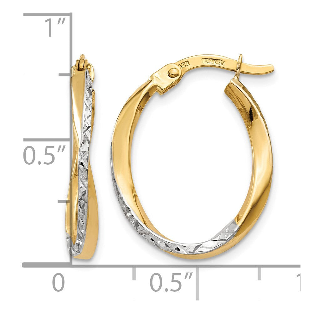 10k w/White Rhodium Textured and Polished Oval Hoop Earrings