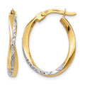 10k w/White Rhodium Textured and Polished Oval Hoop Earrings