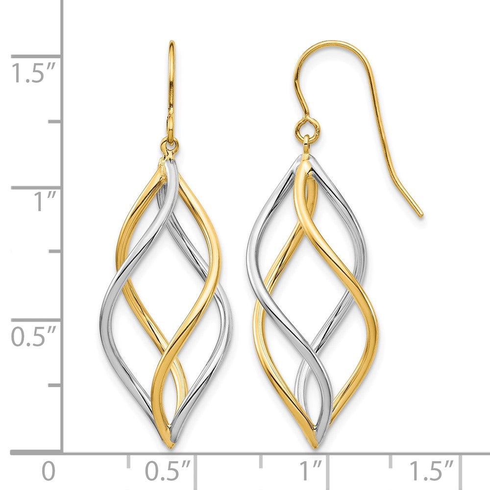 10K Two-Tone Twisted Polished Dangle Shepherd Hook Earrings