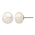 10k 10-11mm White Button Freshwater Cultured Pearl Stud Post Earrings