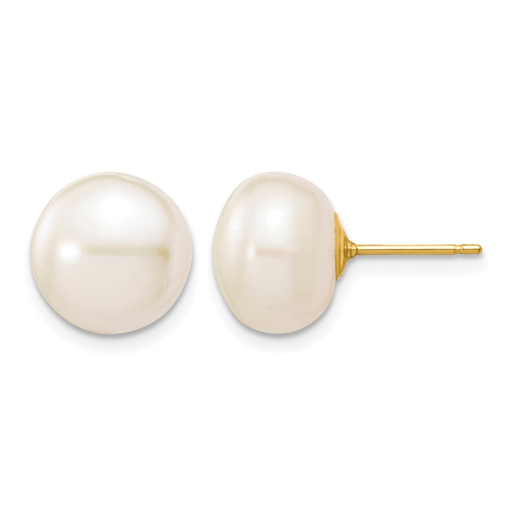 10k 10-11mm White Button Freshwater Cultured Pearl Stud Post Earrings
