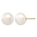 10k 11-12mm White Button Freshwater Cultured Pearl Stud Post Earrings