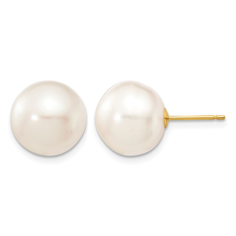 10k 11-12mm White Button Freshwater Cultured Pearl Stud Post Earrings