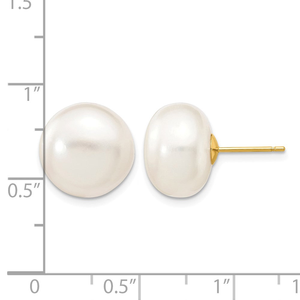 10k 12-13mm White Button Freshwater Cultured Pearl Stud Post Earrings