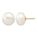 10k 12-13mm White Button Freshwater Cultured Pearl Stud Post Earrings