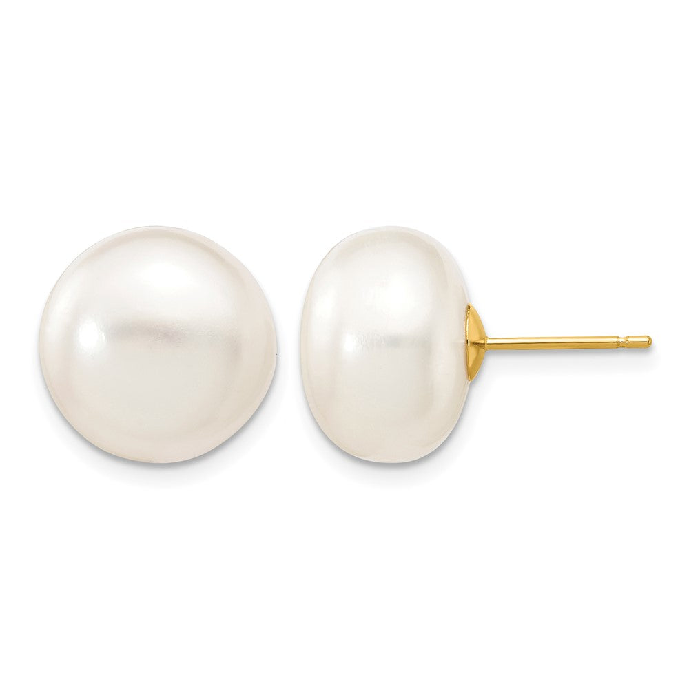 10k 12-13mm White Button Freshwater Cultured Pearl Stud Post Earrings