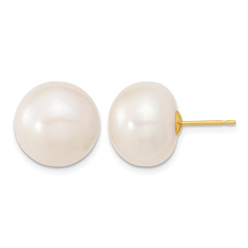 10k 13-14mm White Button Freshwater Cultured Pearl Stud Post Earrings