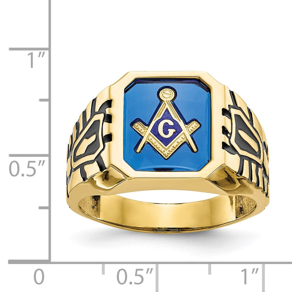 10k Men's Polished, Antiqued and Grooved w/ Imit. Blue Spinel Masonic Ring